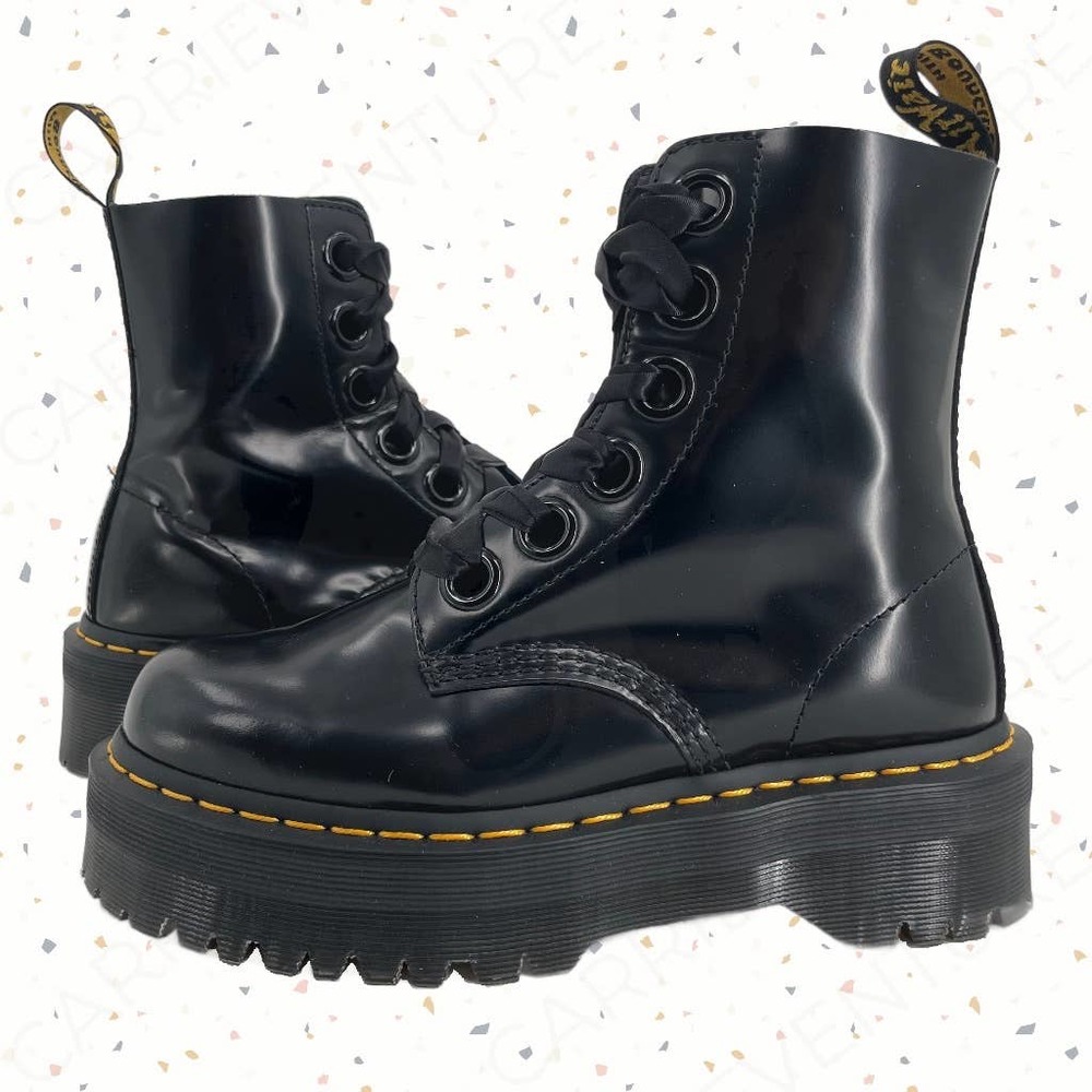 Dr. Martens Molly Black Platform Smooth Leather Wide Eye Goth Ribbon Boot Size 7